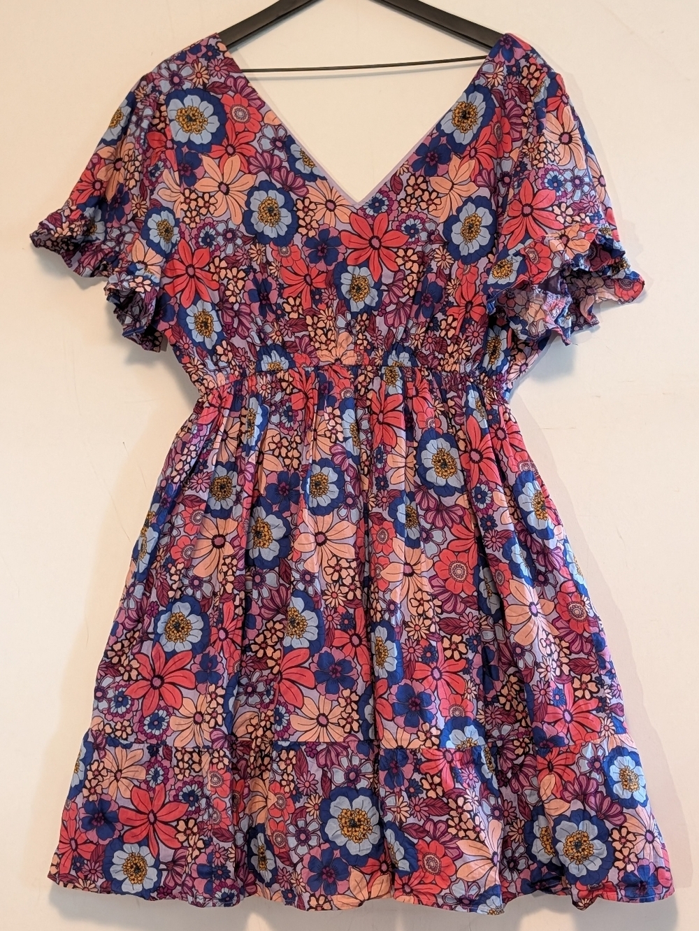 Terra & Sky Plus 1X Floral Cotton V Neck Ruffle Sleeve Tiered Dress 16/18W Airy